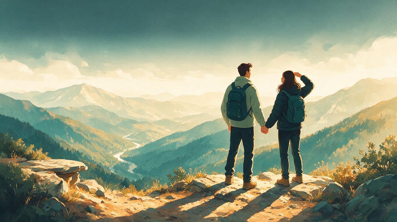 A couple hiking hand in hand, pausing at a scenic mountain overlook